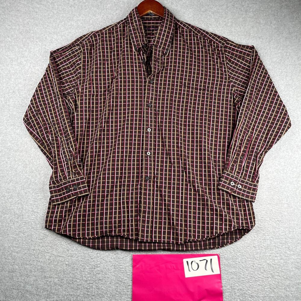 Alan Flusser Shirt XL Brown Pink Check Casual Button Up Long Sleeve Mens